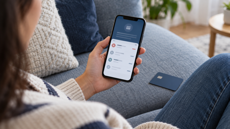 Pessoa consulta uma notificação bancária genérica no celular, com cartão ao lado.