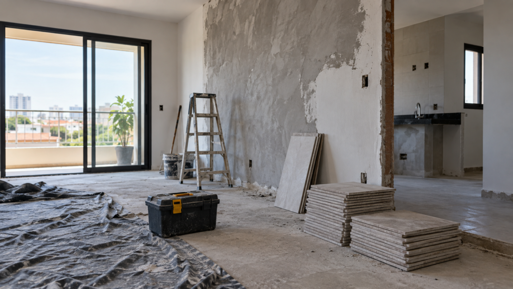 Interior de residência com reforma inacabada e materiais de construção.