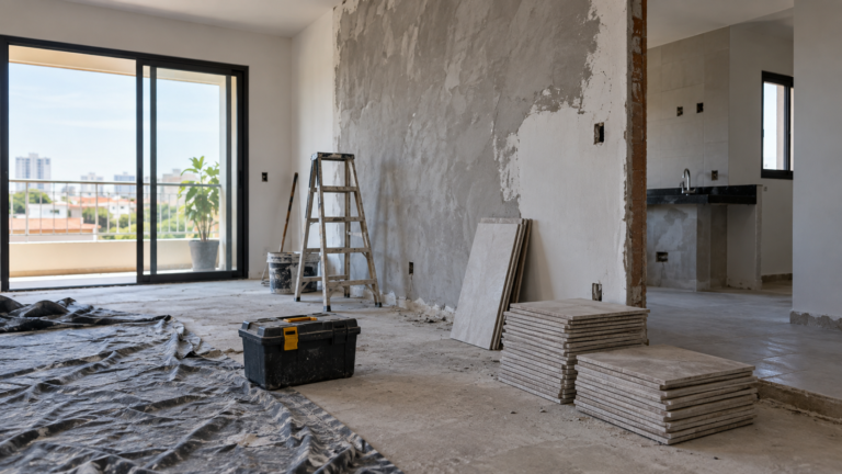 Interior de residência com reforma inacabada e materiais de construção.