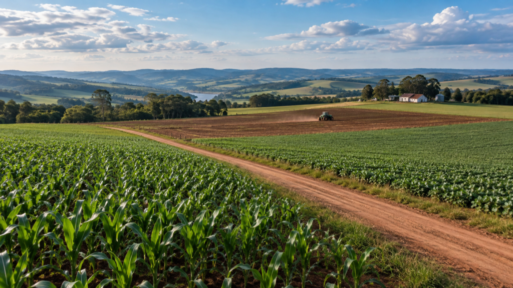 Paisagem agrícola com plantações, estrada de terra e trator ao longe.
