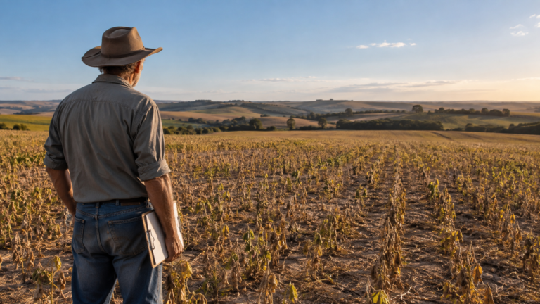 Produtor rural observando uma lavoura de soja afetada pela estiagem.