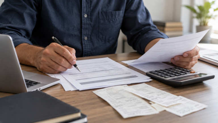 Pessoa conferindo documentos de rescisão e valores com uma calculadora.